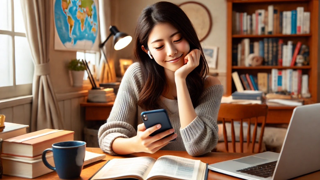 電話での会話が終わった女子学生