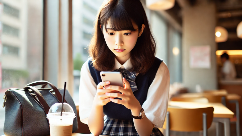 スマホで費用を確認する女子学生